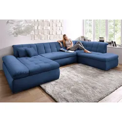Wohnlandschaft DOMO COLLECTION "Moric Luxus incl. Zierkissen", blau, B:353cm H:80cm T:216cm, Chenille (85% Polyester, 15% Acryl), Sofas, U-Form, bis 140kg pro Sitzplatz belastbar, XXL B/T/H: 353/216/80 cm