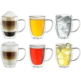 Creano doppelwandiges Thermoglas mit Henkel 250ml, großes Doppelwandglas aus Borosilikatglas, Kaffeegläser, Teegläser, 6er Set