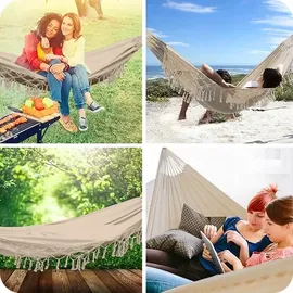 OEM Gartenhängematte Im Brasilianischen Boho-Stil 190x150 cm, Beige, 120 kg Belastbarkeit, Mit Fransen, Aufbewahrungstasche 2 Seilen, Baumwolle-Polyester, Outdoor Indoor