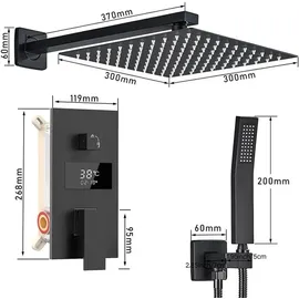 XIIW Unterputz Duscharmatur Set inkl.30X30cm Kopfbrause, 200mm Handbrause, Messingkörper, Regendusche Schwarz,