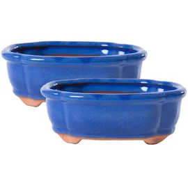 H&D Manufaktur Jinfa 2 glasierte Keramik Bonsai Töpfe mit Entwässerungslöchern – 2 Drainagegitter | Blau