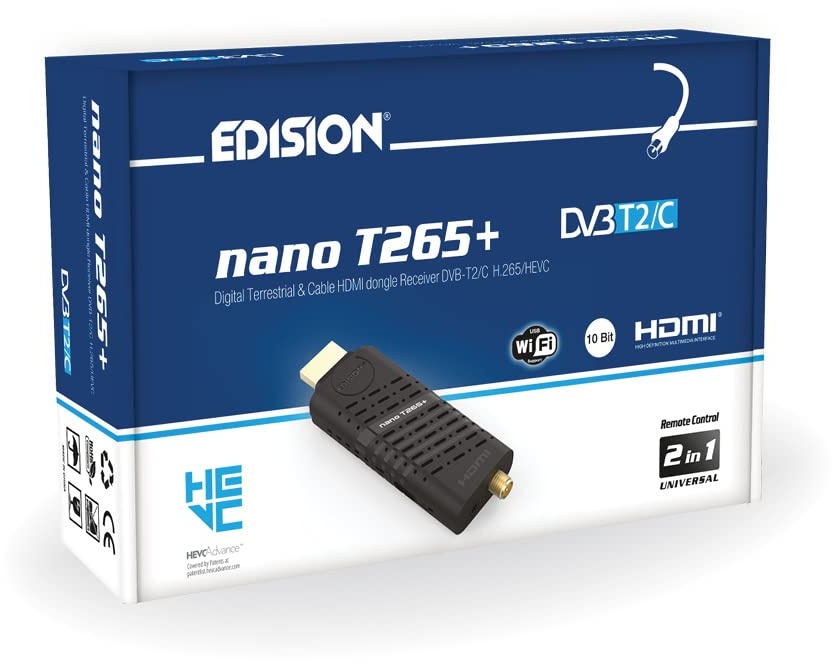 Edision Nano T265+ Terrestrischer DVB-T2 und Kabel DVB-C HDMI dongle Receiver, H265 HEVC, FTA, Full HD, PVR, USB, HDMI, IR, USB WiFi Support, Universal 2in1 Fernbedieung, Schwarz
