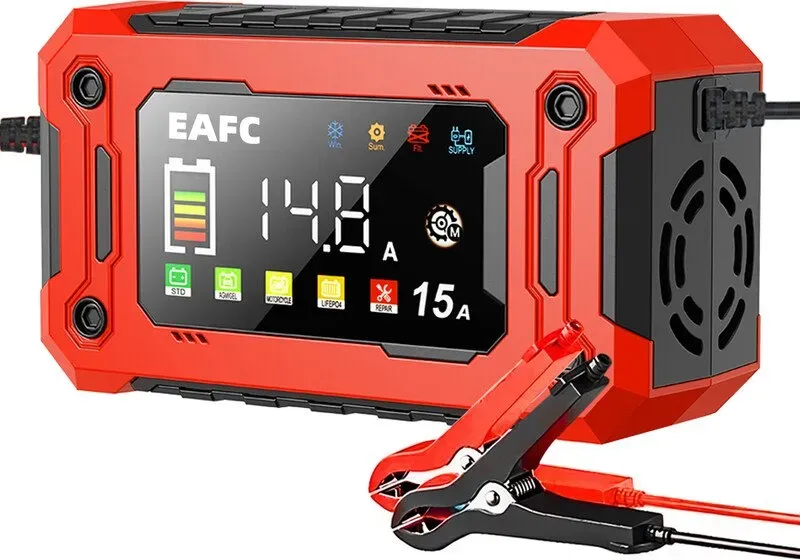 EAFC 12V 15A Autobatterieladegerät, Ladegerät mit großem Display, Puls-Reparaturladegerät für Auto, Motorrad, SUV, Lithium, AGM, Bleisäure, Gel