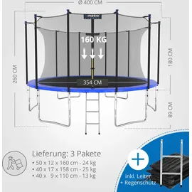 Kinetic Sports Salto Plus 400 cm  inkl. Sicherheitsnetz, Regenplane und Leiter  Blau