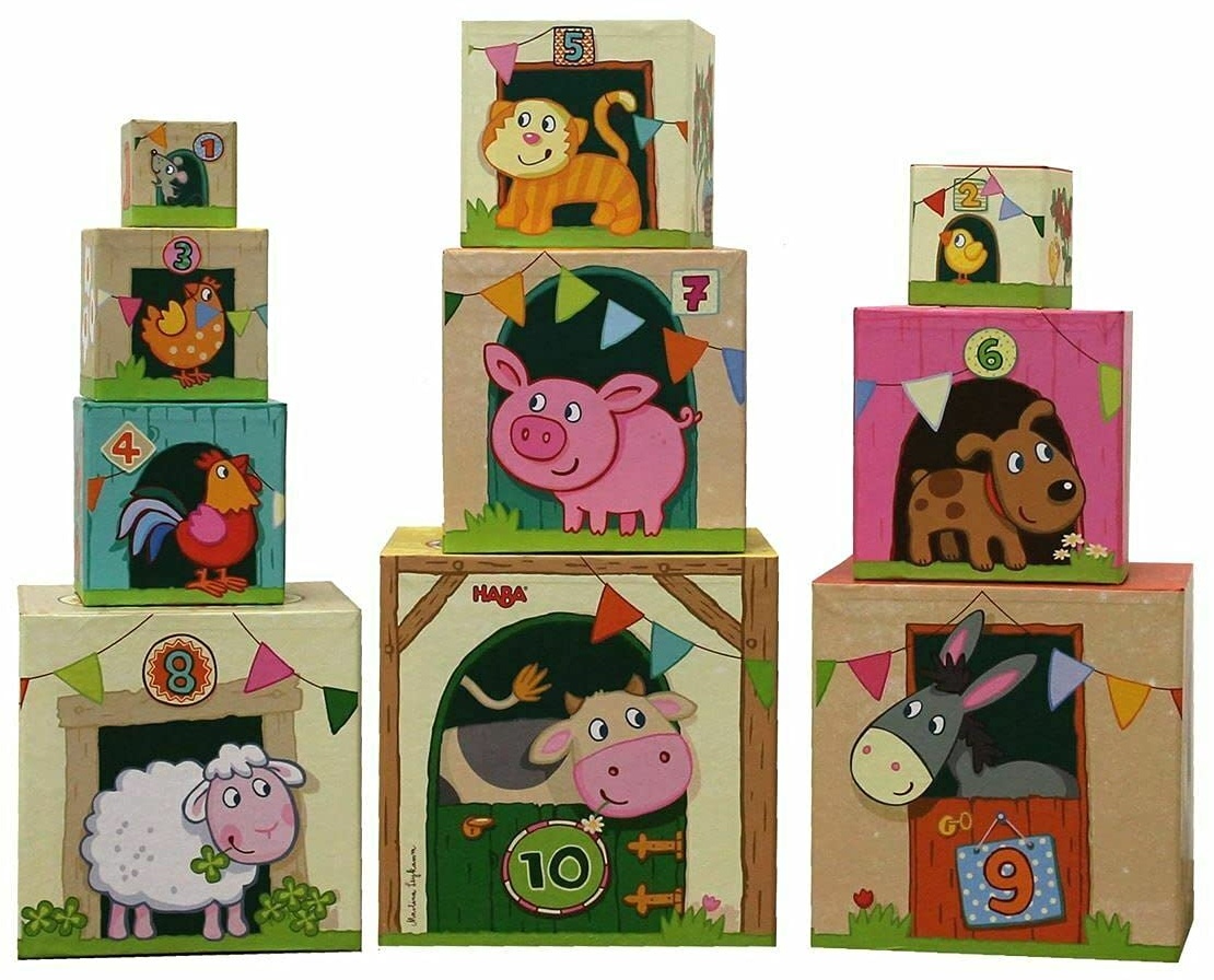 Haba 5879 - Stapelwürfel Auf dem Land, lustiges Stapelspiel für Babys ab 1 Jahr, Stapelwürfel aus stabilem Karton, BPA-frei, Turm mit niedlichen Bauernhofmotiven