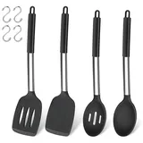 Küchenhelfer Set, Joyfair 4 Stück Silikon Pfannenwender und Kochlöffel Set, Hitzebeständig Küchenutensilien Set mit Edelstahlgriff, Kochbesteck für Kochen/Backen/Flip, Spülmaschinenfest - Schwarz