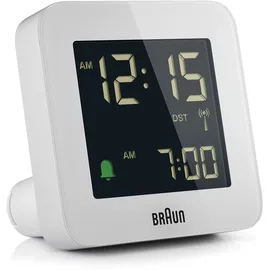 Braun Digitaler Funkwecker Mitteleuropäische Zeitzone (MEZ) mit Schlummerfunktion, Negatives LC-Display, Schnelleinstellfunktion, Crescendo-Alarm in Weiß, Modell BC09W-DCF.