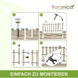 Floranica Staketenzaun aus Haselnuss mit Pfosten 50 cm hoch x lfm Lattenabstand 4-6 Kastanie Gartenzaun Beeteinfassung Steckzaun Rollzaun - Braun
