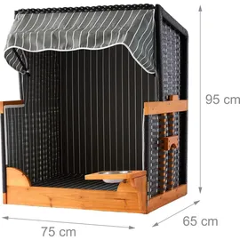 Relaxdays Hundestrandkorb, Rattan, mit Napf, Hundesessel mit Dach, HBT: 95x75x65 cm, für Garten & Terrasse, Holz, grau