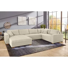 luma-home schönes für dein zuhause Wohnlandschaft U-Form 379/227/86 cm breit, Sofa Schlaffunktion Bettkasten, Wellenfedern, spiegelverkehrt montierbar, Cord Beige Grau / 15200