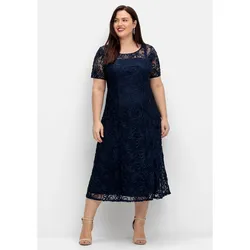 Abendkleid SHEEGO "Große Größen", Damen, Gr. 54, Normalgrößen, blau (marine), Obermaterial: 100% Polyester;Futter: 100% Polyester, unifarben, elegant, figurumspielend lang, Rundhals, Kurzarm, Kleider Partykleid, mit dekorativen Zierborten