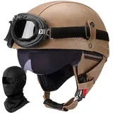 Deutscher Leder Motorrad Halbhelm für Erwachsene Männer Frauen, Vintage Halbschalen-Helm ECE Geprüft Halbschalenhelm mit Schutzbrille Visier, für Fahrrad Cruiser Scooter Chopper