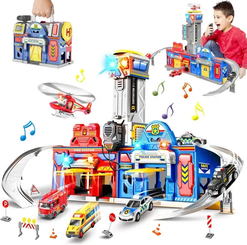 TERRAMUS City Rescue Playset – 29,5 Zoll Polizei- & Feuerwache mit Licht & Sound, umwandelbare Strecke, 4 Fahrzeuge & Hubschrauber, Spielzeug-Geschenk für Jungen & Mädchen (3–6 Jahre)