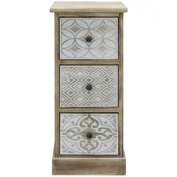 Rebecca Mobili Nachttisch mit Drucken mit 3 Schubladenaus Holz, weiß und beige
