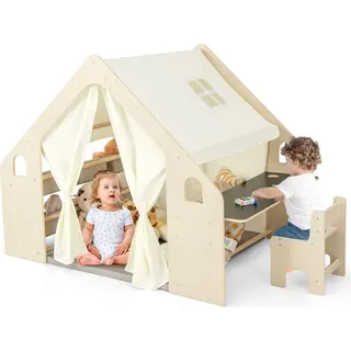 COSTWAY 6In1 Kinderzelt Holz mit verstellbarer Kindertisch, Stuhl, Kinderregal, 6 Aufbewahrungsbehälter&Matte, Spielhaus für Drinnen, 6 Kinder 2+... - Beige