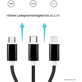 Reekin USB-Ladekabel USB-A Stecker, USB-C® Stecker, USB-Micro-B Stecker, Apple Lightning Stecker 1.20 m Schwarz 4260272282320