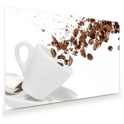 Primedeco Glasbild Wandbild Kaffeebohnen und Pulver mit Aufhängung, Kaffee weiß 75 cm x 50 cm
