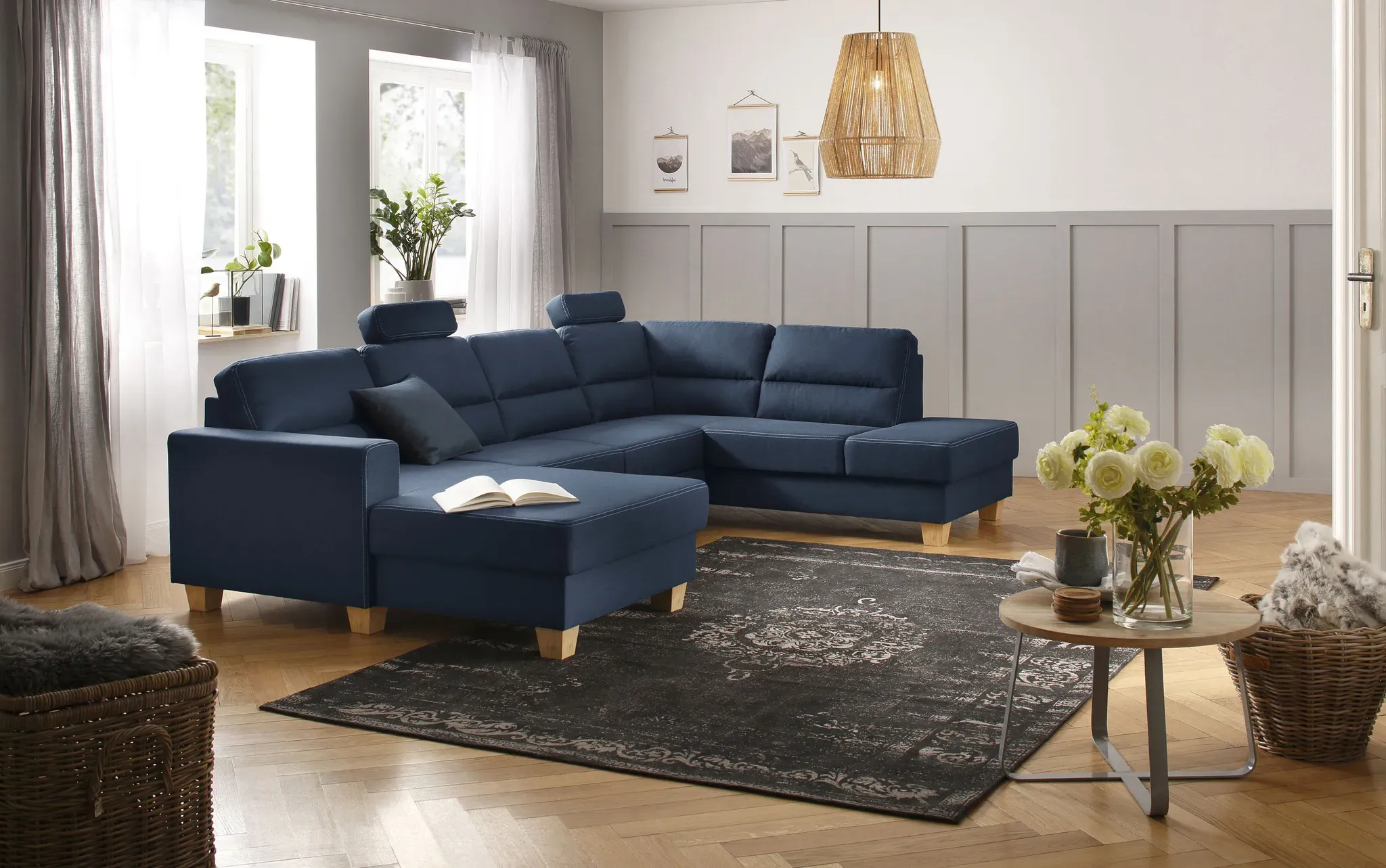 Wohnlandschaft HOME AFFAIRE "Navan, U-Form" Sofas Gr. B/H: 313cm x 100cm, Struktur, Recamiere links, mit Bettfunktion-mit Kopfstützen, blau Wohnlandschaft Sofas wahlweise mit Bettfunktion und Kopfstütze