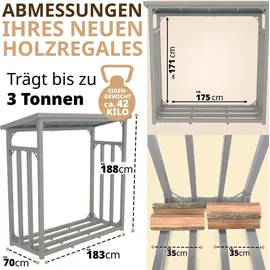 lawa living and lifestyle Feuerholzregal außen mit Dach verzinkt Kaminholzregal Metall mit Plane 188x70x188 Silber Brennholzregal Stapelhilfe Kaminholz - Silber