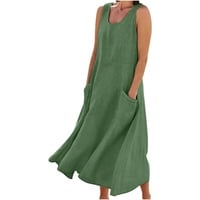 AACH Leinenkleid Damen Sommer Kleid Knielang Freizeitkleid Baumwolle Leinen Strandkleid U-Ausschnitt Sommerkleid Ärmelloses Boho Leinenkleider Einfarbig Strandkleider mit Taschen Kleider - M