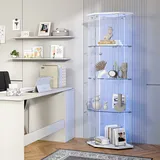 Vitrine Aus Hartglas 42,5x60x162 Cm, Fünfeckige Eckvitrine Mit Smart-led Und 4 Sammlerböden, Glas Und Holz, Weiß