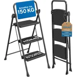 kör4u Trittleiter 3 Stufen, 150kg belastbar, klappbar, rutschfest, schwarz