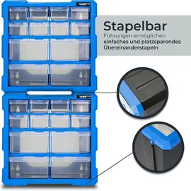 HMF Sortimentskasten Kunststoff 26,5 x 26,5 x 16 cm Blau/Schwarz mit 12 Schubladen