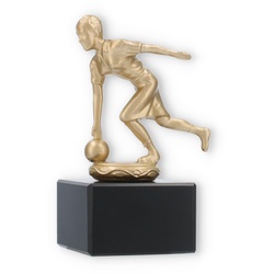 Pokal Metallfigur Kegeln Damen goldmetallic auf schwarzem Marmorsockel 13,6cm