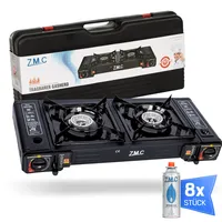 ZMC Camping Gaskocher 2-flammig mit 8x Gaskartuschen 227g, 2,5 KW inkl. Adapter für LPG Anschluss + Aufbewahrungskoffer Campingkocher Set mit Piezozündung, für Outdoor und Innenraum