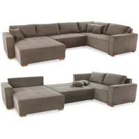 Cord Wohnlandschaft U-Form Sofa Schlaffunktion Couch Bettkasten in Braun Taupe