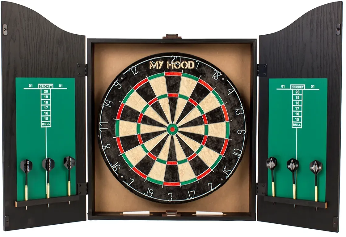 Dartschrank-Set Kinder 50x63x8,5cm Schwarz laminiertes MDF, 6 Messingpfeile, Punktetafeln - My Hood Dartspiel Pro - Ab 8 Jahren