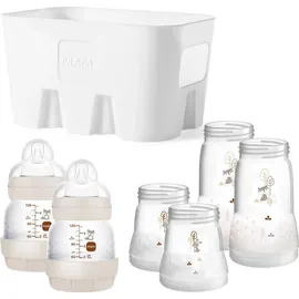 MAM Easy Start Anti-Colic Combi-Set, Babyflaschen Set mit 6 Flaschen gegen Koliken (2 x 130 ml, 160 ml, 260 ml) & Flaschenkorb, Babyausstattung ab der Geburt, beige