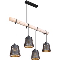 GLOBO Pendelleuchte Holzbalken Hängelampe Retro Esszimmerlampe hängend mit vier Metallschirmen, schwarz gold, 4x E27, LxBxH 85x17x120 cm, Wohnzimmer