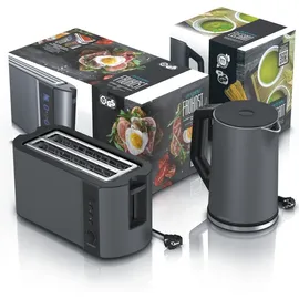 Arendo 2-teiliges Frühstücksset - Edelstahl Wasserkocher 1,5l, 4-Scheiben Langschlitz Toaster, Grau - Grau