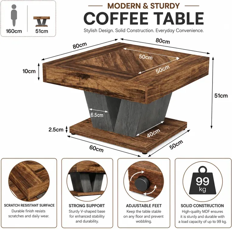 LANTINE 80 cm Couchtisch, Wohnzimmertisch aus Holz, quadratischer moderner Cocktail-/Teetisch und Akzenttisch, Rustikalbraun und Schwarz