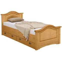 Massivholzbett »Konrad, Stauraumbett, Messinggriffe, rustikaler Landhausstil«, inklusive 2 Schubladen, zertifiziertes Massivholz, natur, , 34386809-0