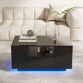Makika LED Couchtisch / Design Wohnzimmertisch mit Ablagefach und Schubladen - Schwarz Hochglanz