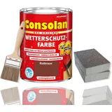 Consolan Wetterschutzfarbe Set 2,5 l Holzfarbe Dauerschutz Deckend mit Zubehör (Rotbraun)