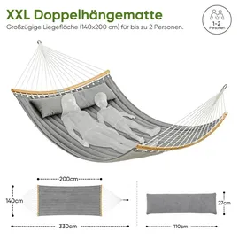 Sekey Hängematte Doppelhängematte mit Kissen bis 200 kg belastbar für 2 Personen XXL Hängesessel für Garten Balkon Camping Outdoor St... - Grau