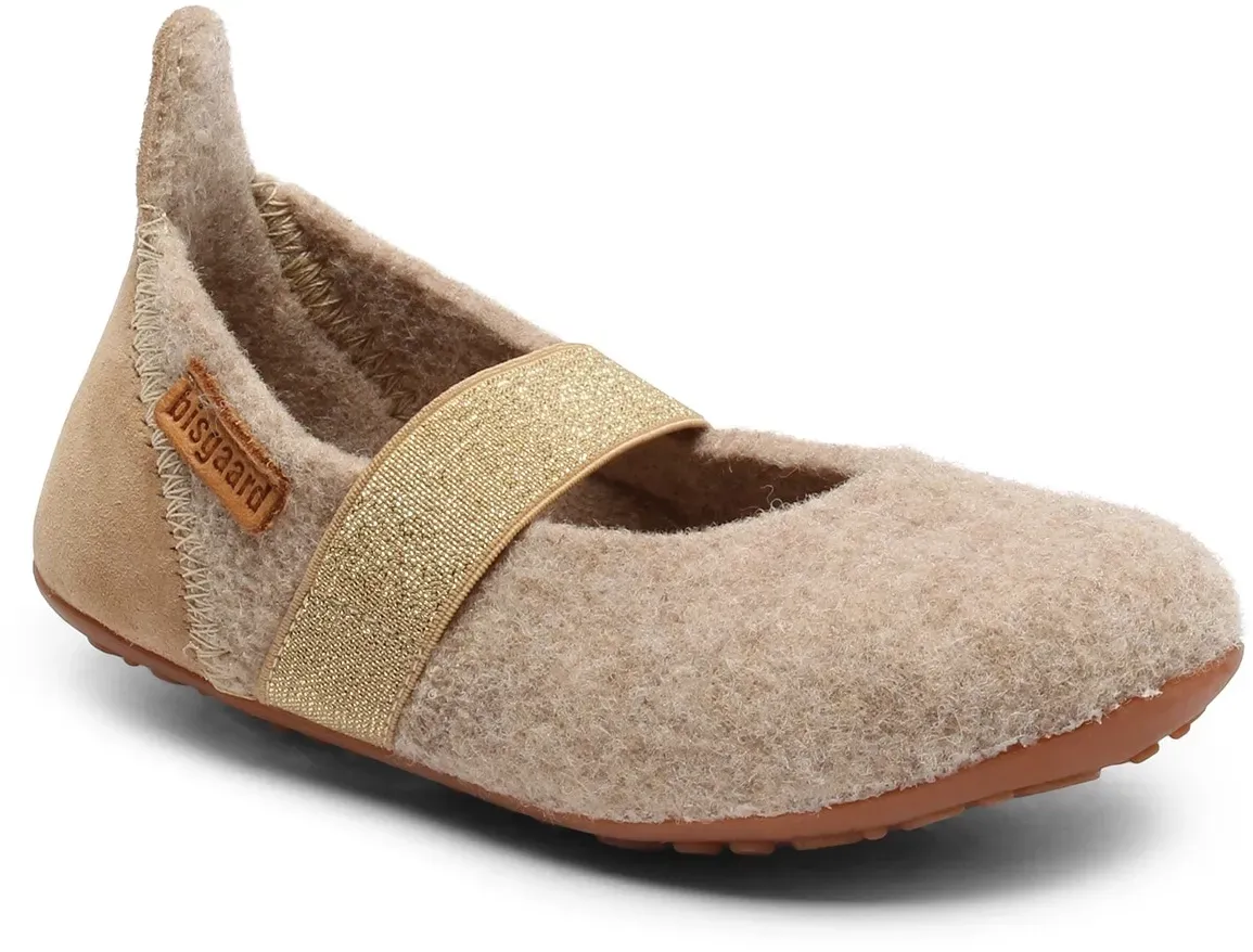 Hausschuh BISGAARD "bisgaard ballet wool", Kinder, Gr. 25, braun (nougat goldfarben), Wolle, Glitzer, modisch, Schuhe, Ballerina, Schlupfschuh mit praktischem Gummizug