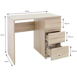 ML-Design Schreibtisch mit 3 Schubladen, 90x76x50 cm, in Sonoma-Eiche viel Stauraum, modern, Arbeitstisch Bürotisch Computertisch Büromöbel Kinderschreibtisch Laptoptisch PC Tisch, für Heim/Büro - Naturbelassen