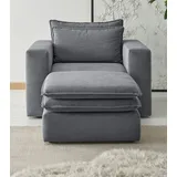 furn.design Sessel Set in grau Cord Couch Loungesessel inklusive Hocker Pesaro