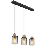 GLOBO Pendellampe 3-flg. 55 cm Metall schwarz Holz braun Glas rauch