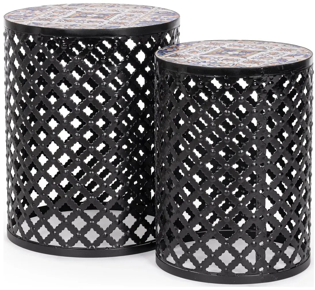 2er-Set Gartenbeistelltisch Mykonos - Metall & Keramik, Ø 30 / 35 cm