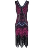 MIMIKRY 20er Jahre Charleston Pailletten Kleid Pink/Schwarz/Multicolor Fransen Flapper Damen-Kostüm, Größe:M