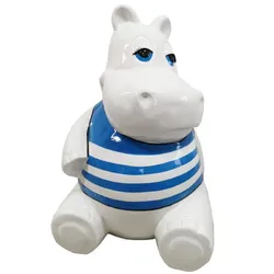 Casa Padrino Designer Deko Skulptur Sitzendes Nilpferd Weiß / Blau H. 100 cm - Wetterbeständige Dekofigur - Wohnzimmer Deko - Garten Deko - Terrassen Deko