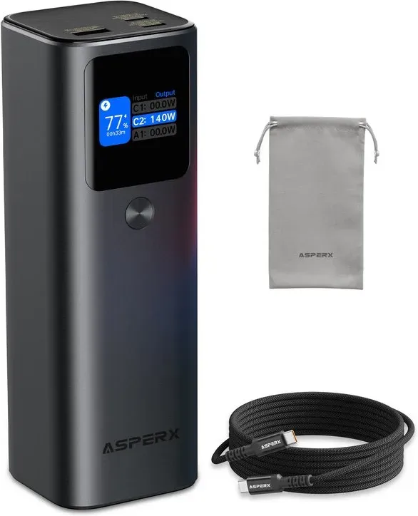 AsperX 27600 mAh Powerbank mit großer Kapazität, 2 USB-C-Anschlüsse, 140 W PD3.1 Schnellladung, TFT-Display, kompatibel mit iPhone 16/15, Galaxy und MacBook (Aluminiumlegierung)