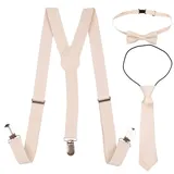 Trimming Shop Kinder-Hosenträger-Set, Fliege, Krawatte, 12–16 Jahre, verstellbar, elastisch, unisex, mit Clip, Y-Form, Einheitsgröße, 25 mm breit, 85 cm lang, beige, 85 cm (12-16 Jahre)