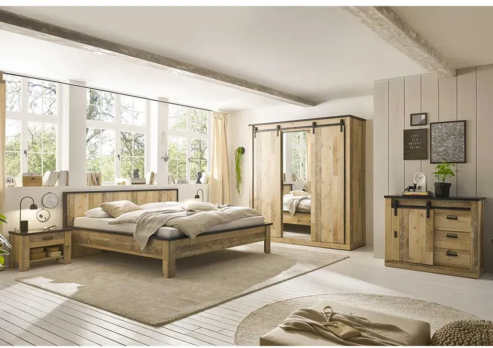 Modern Country Schlafzimmer in Holz verwittert Anthrazit (fünfteilig)