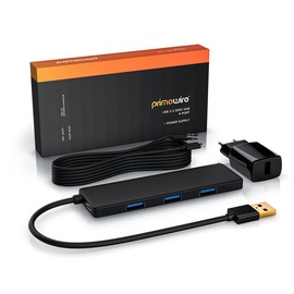 Primewire USB 3.2 Hub mit Netzteil, Ultra Slim 4-Port Verteiler, Datenhub für PC PS4 Notebook Netbook Laptop Ultrabook Tablet-PC MacBook, Bus-Powered